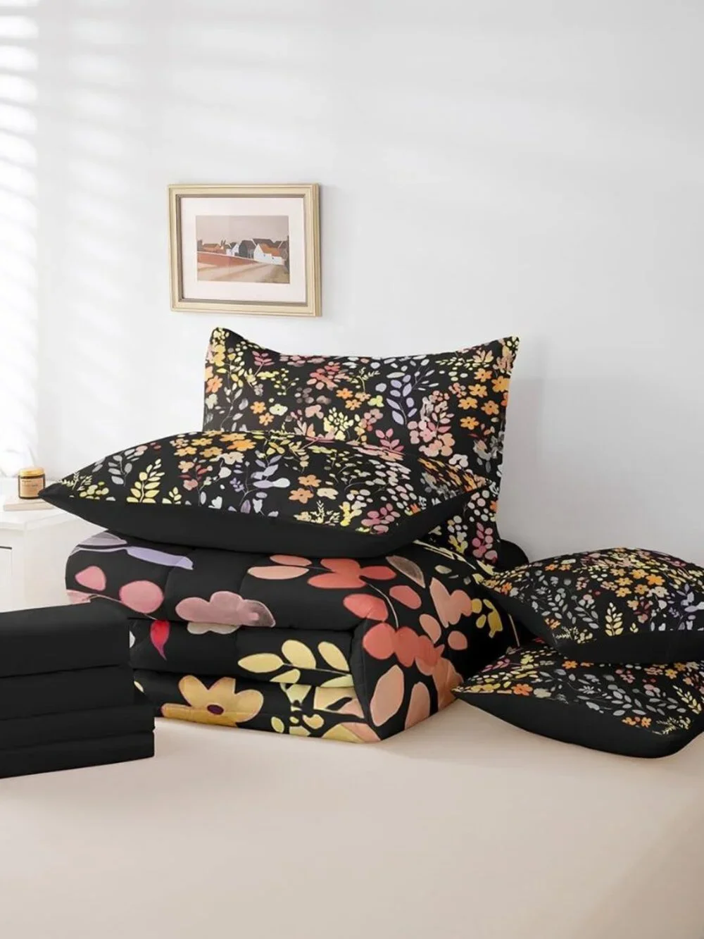 7 Piece Boho Yellow Floral Twin Bedding Set for Kids Girls Women,Colorful Flower